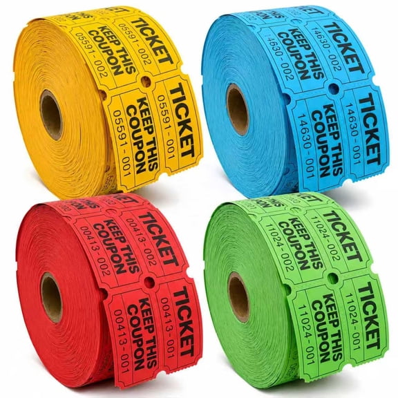 4000 Pairs Double Raffle Tickets 4 Assorted Colors (Yellow, Blue, Red, Green) 1000 Pairs per Roll for Carnival, Fundraiser, Party, Event, Classroom, Lottery Drawing Prize Tickets for Raffle