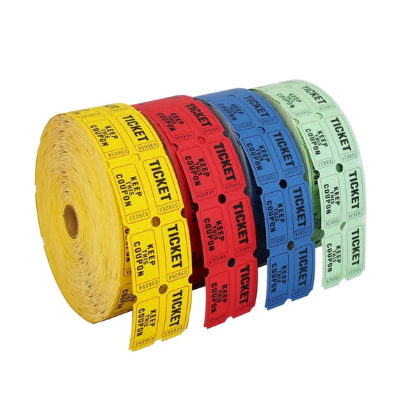 4000 Pcs Double Raffle Tickets - 4 Assorted Colors (Blue, Yellow, Red, Green), 1000 Tickets per Roll for Events, Fundraisers & Parties