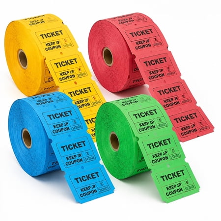 4000 Pcs Double Raffle Tickets Roll Set 4 Rolls x 1000, Colorful Consecutive Number Entry Tickets for Fundraisers Events Party Games Carnival Concert Fair Prize Draw Supplies