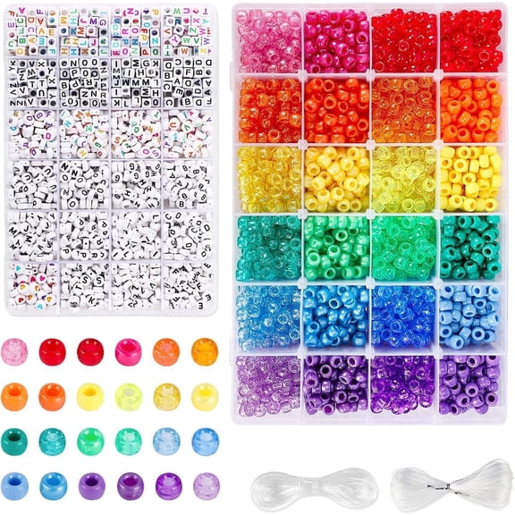 4000 Pcs Pony Beads Kit Rainbow Kandi Letter Plastic Craft Bulk Bracelets Jewelry Making String