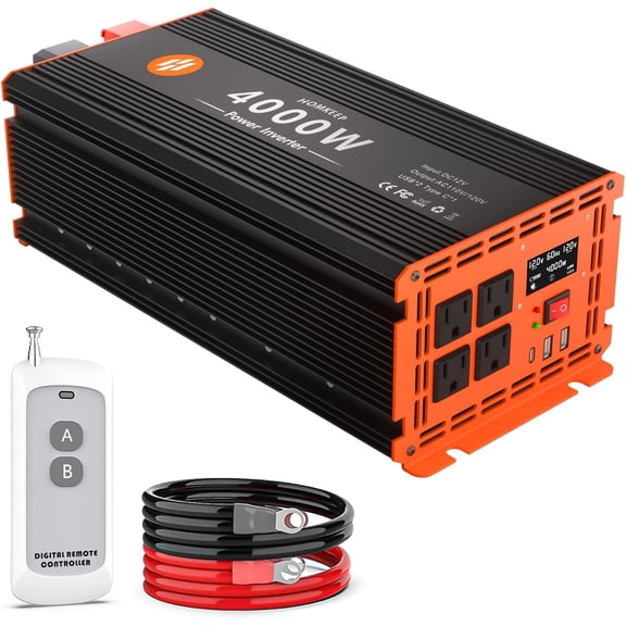 4000 Watt Power Inverter 12V DC to 110V/120V AC Converter Peak Power 8000W Car Inverter with LCD Display 2 AC Outlets USB Port Cables Included for RV,Truck,Off-Grid Solar System Remote Controller