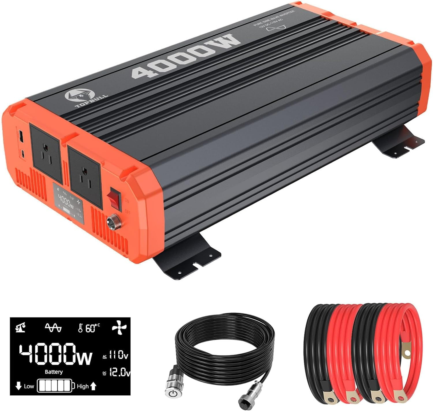 4000 Watt Pure Sine Wave Power Inverter 12V DC to 110V AC Converter for Vehicle/Home/RV/Truck Off-Grid Solar Power Inverter with USB, Type-C Port Dual AC Outlets & LCD Display Remote Control