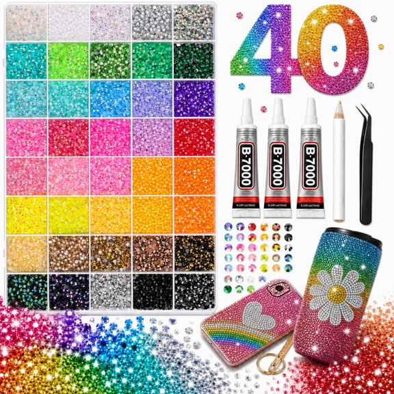 40000 Pcs Resin Jelly Rhinestones Bedazzling Kit, 40 Colors 3mm Flatback Craft Gems with 3 Pcs B7000 Glue, Tweezers & Wax Pen for DIY Nails, Shoes, Tumblers, Clothes & Diamond Art
