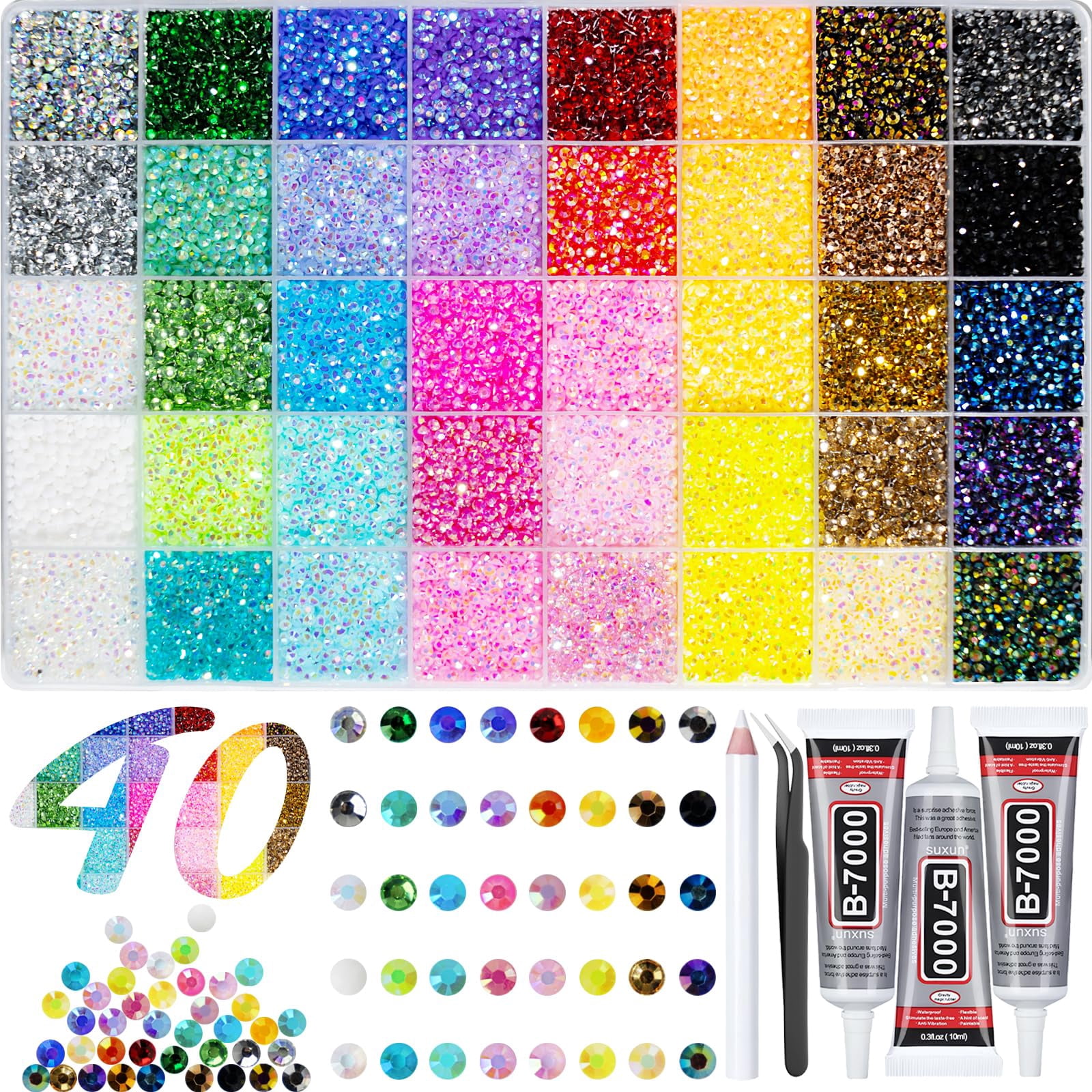 40000+Pcs bedazzler kit with rhinestones, 3mm Multicolor Flat Back Gems Bedazzler Kit with 3Pcs 10ml B7000 Jewelry Glue, Colorful Bulk Jewels for Book Shoes Crafts Tumblers Nail Art DIY