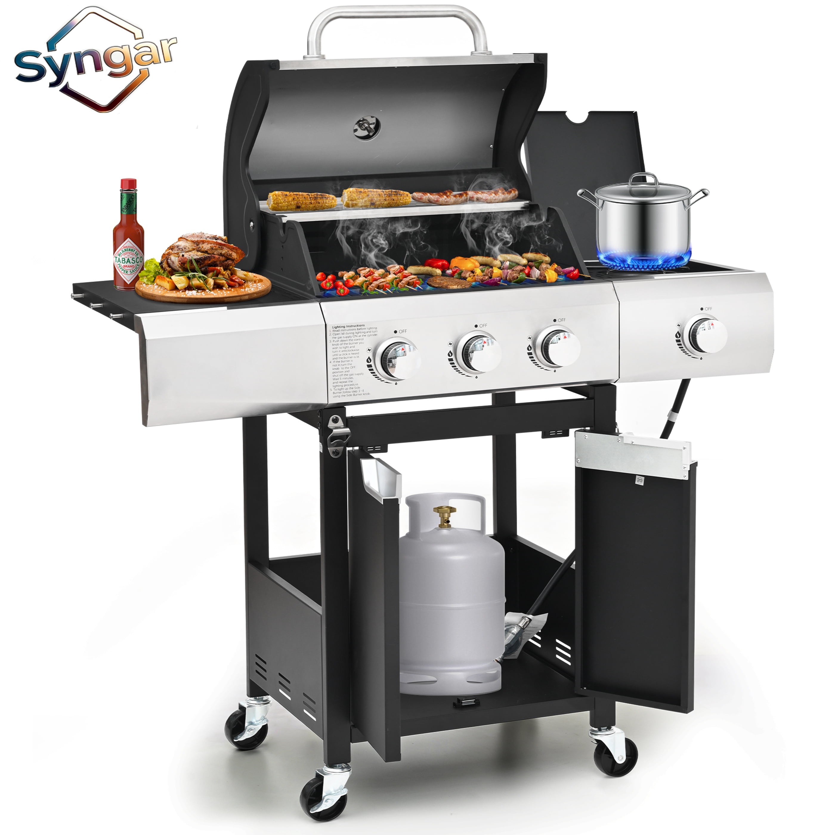 Syngar 3-Burner Propane Gas Grill with Side Burner, 40,500 BTU Outdoor BBQ Grill with 287 sq.in. Main Cooking Area, Stainless Steel Construction, Side Shelf, Ideal for Patio, Backyard, Garden