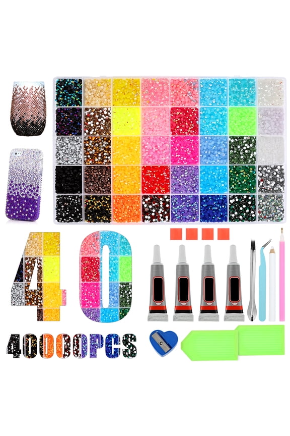 40000Pcs 40 Colors Bedazzler Kit with Rhinestone and Tool 0.118in Bling Bedazzle Gem for Crafting Flat Back Resin Rhinestone with 4pcs B7000 Glue for Book Clothes Shoes Decor