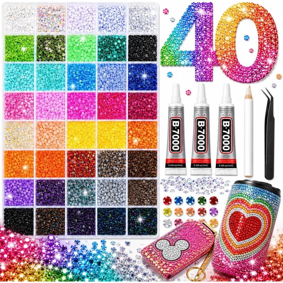 40000Pcs 40 Colors Jelly Resin Kit, Bedazzling Kit, Bedazzler Kit with Rhinestones, 3mm Flatback Gems with B7000 Glue & Tools for Crafts, Nails, Shoes