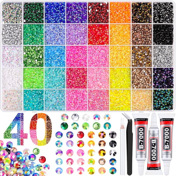 40000Pcs 40 Colors Jelly Rhinestones for Bedazzling, 3mm Multicolor Resin Flatback Gems for Diamond Art, Bedazzler Kit with 3Pcs 10ml B7000 Jewelry Glue for Crafting Book Shoes Nail Art