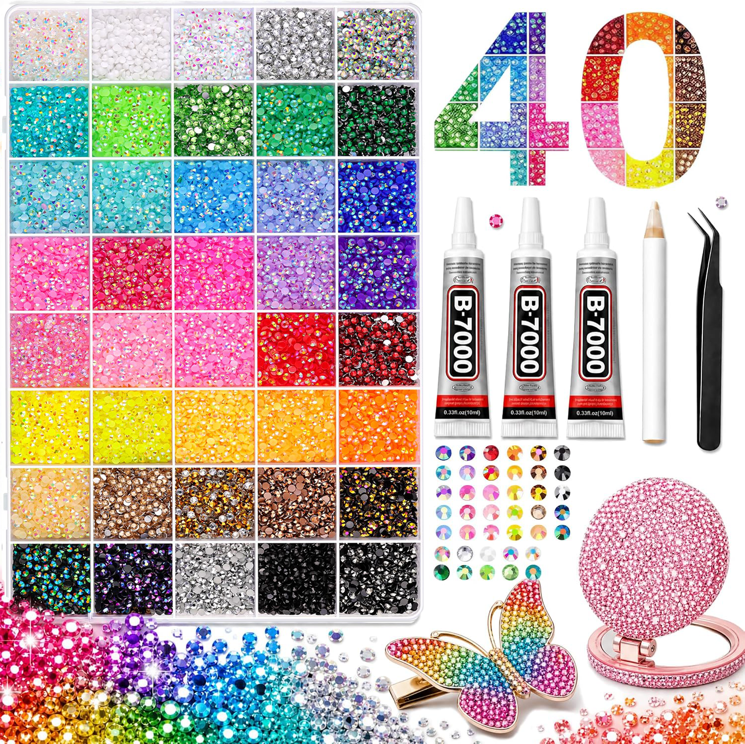 Complete Bedazzling Kit with B7000 Glue: 40000Pcs 40 Colors 3mm Jelly Flatback Rhinestones Set with Tools, Resin Gems Bedazzler Craft Kit for Crocs Tumblers Shoes