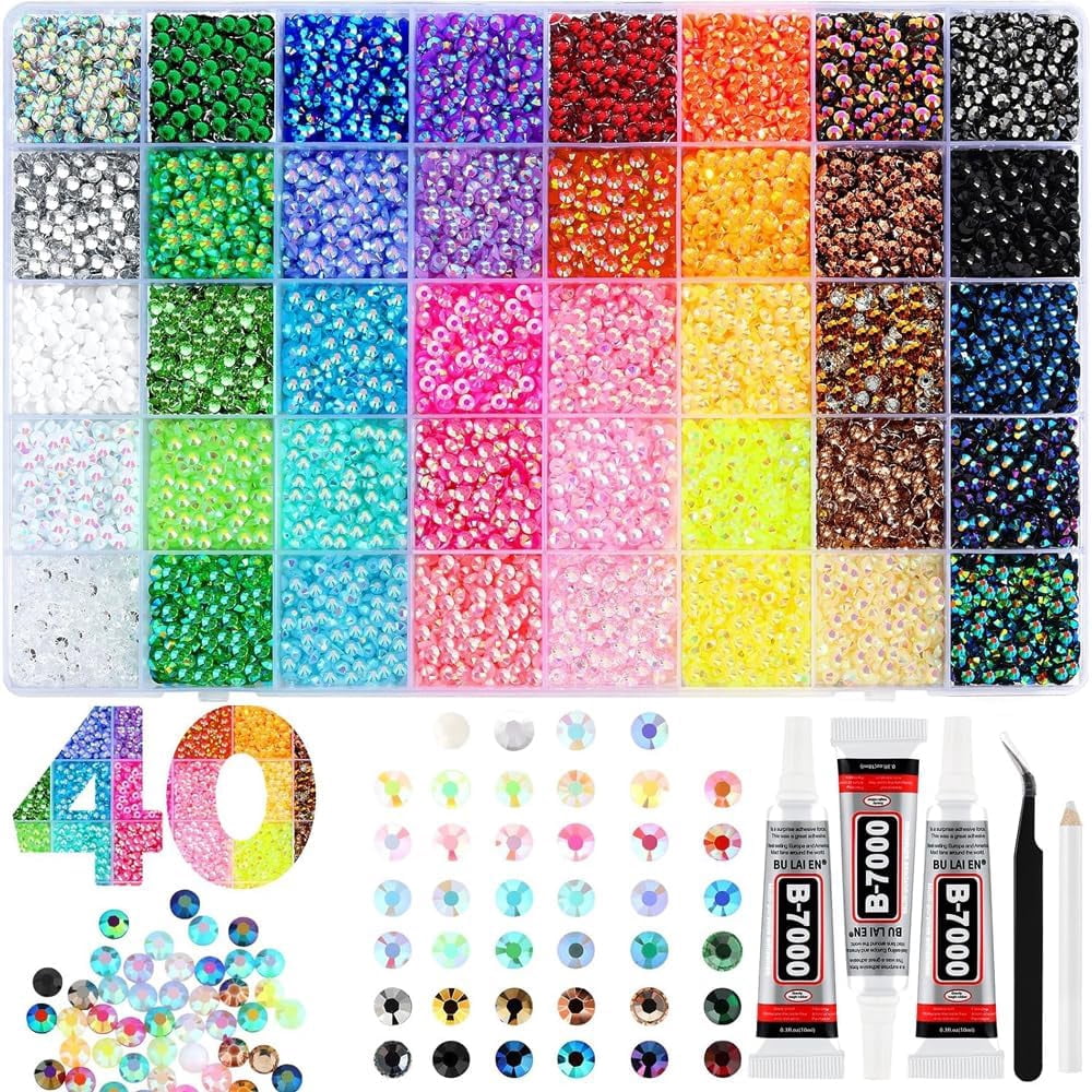 40000Pcs 40 Colors Jelly Rhinestones for Bedazzling,Mix Colors Bedazzling Kit with Rhinestones,3MM SS10 Colorful Resin Flatback Gems with B7000 Jewelry Glue for Crafting, Nail Art, Shoes, Books