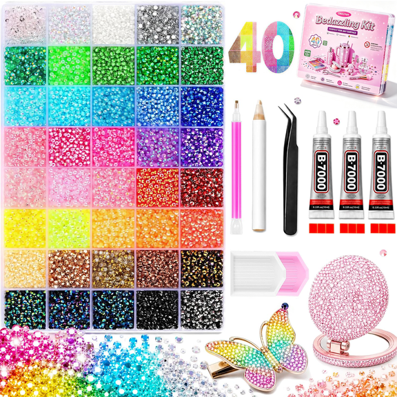 Upgrade Bedazzler Kit with B7000 Glue and Tools, 40000Pcs 40 Colors Jelly Rhinestones for Bedazzling, 3mm Resin Flatback Gems Craft Set for Shoes Crocs Tumblers Nail Art