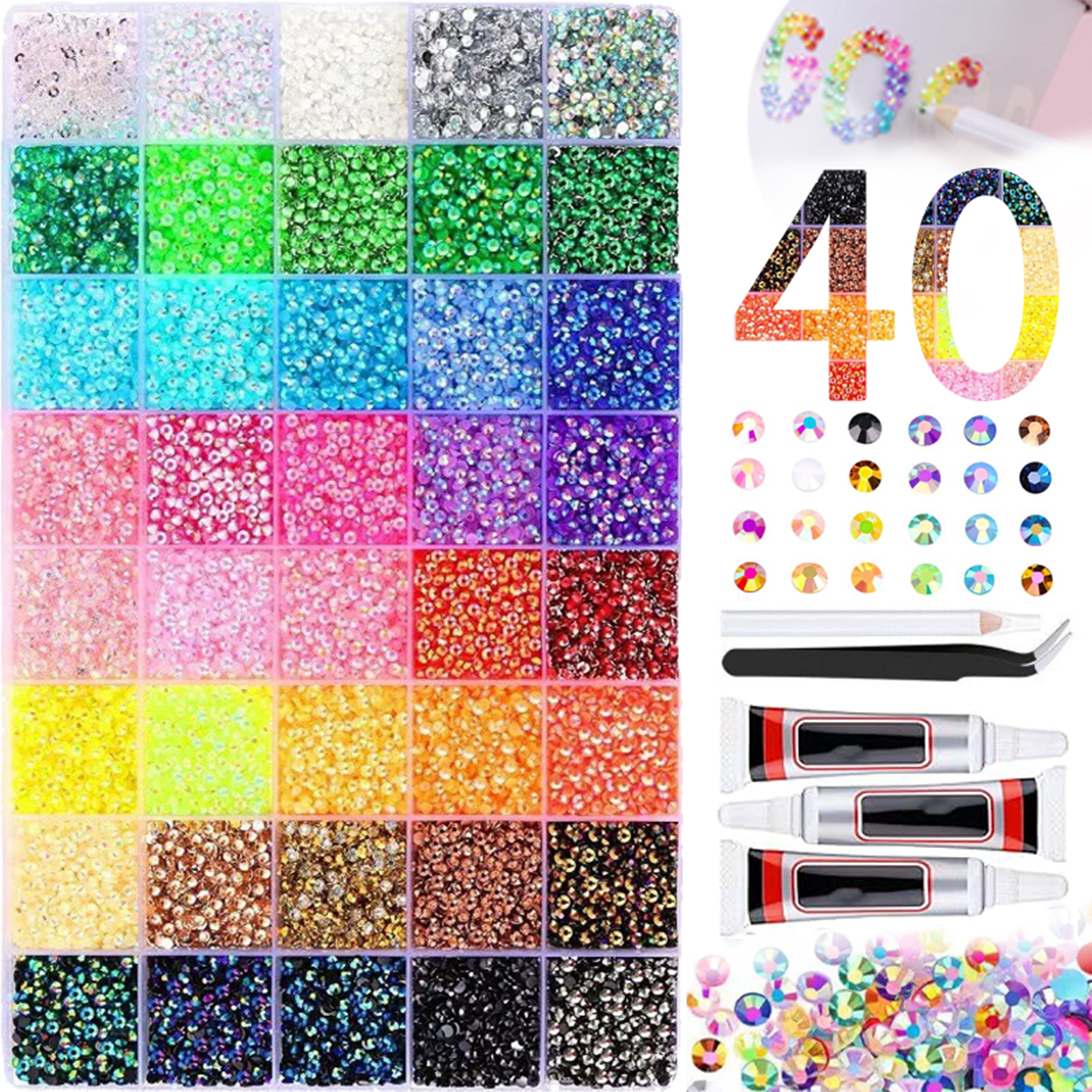 40000Pcs 40 Colors bedazzler kit with rhinestones, 3mm Multicolor Resin Flatback Gems for Diamond Art, Bedazzler Kit with 3Pcs 10ml B7000 Jewelry Glue for Crafting Book Shoes Nail Art