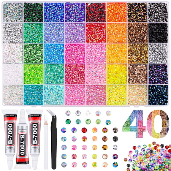 40000Pcs 40 Colors bedazzler kit with rhinestones, 3mm Multicolor Resin Flatback Gems for Diamond Art, Bedazzler Kit with 3Pcs 10ml B7000 Jewelry Glue for Crafting Book Shoes Nail Art