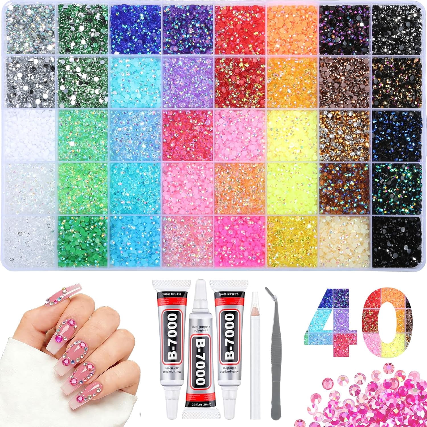 40000Pcs Bedazzler Kit with Rhinestones,40 Vibrant Colors Resin Jelly Rhinestones Gems Set with Glue,Tweezers & Pickup Pen,for Nail Art,DIY Crafts