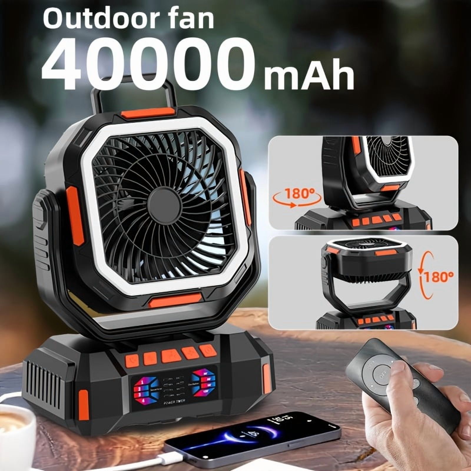 40000mAh Battery Portable Camping Fan Powered Rechargeable Camping Fan with Remote & LED Light 4 Speed Strong Airflow & 3 Colors Light for Desk Outdoor Tent Camping Fishing