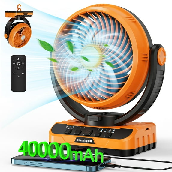 40000mAh Battery Powered Camping Fan - 135H Max Cooling, Rechargeable Battery Operated Oscillating Floor Fan with Charger, Remote & Hook, Portable for Tent Hurricane Power Outage Outdoor Patio