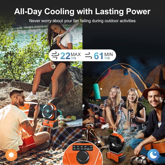 40000mAh Camping Fan with LED Light, Battery Operated Oscillating Desk Fan with Remote & Hook, Rechargeable Outdoor Tent Fan with Timer for Hurricane Power Outage Travel Jobsite RV, Orange