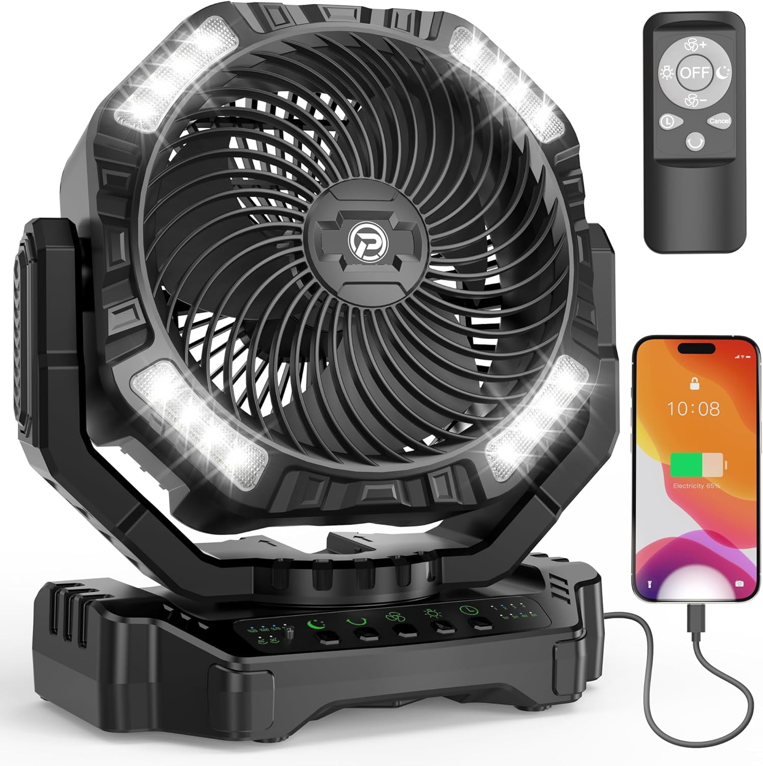 40000mAh Camping Fan with Light - 12in Rechargeable Battery Powered Fan (136H Cool Max), 90Auto Oscillating with Remote & Charger, 4 Speeds & Timers for Outdoor/Patio/Garage/Jobsite/Hurricane/Outage