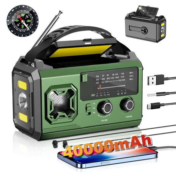 40000mAh Hand-Crank Emergency Weather Radio, AM/FM/NOAA Radio, Portable Survival Gear with Phone Charger, Compass, SOS Alarm, Flashlight & Reading Light