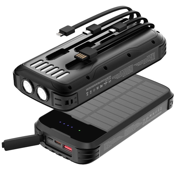 40000mAh Solar Power Bank Black, Portable Charger 20W PD Fast Charging, Solar Charger Power Bank W/4 Built-in Cables & 9 Charging Ways, Waterproof Dual LED Flashlights for Camping Hiking