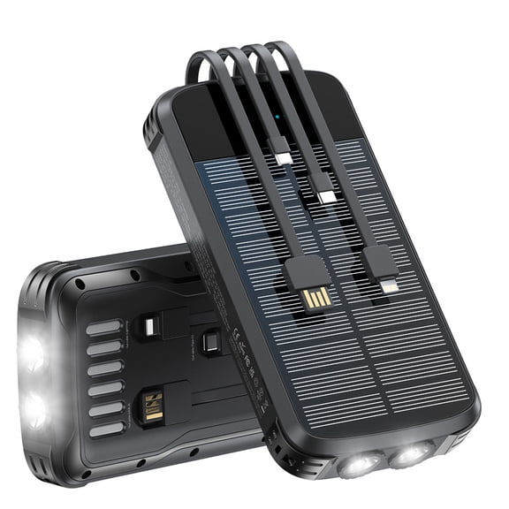 40000mAh Solar Power Bank with 4 Built-in Cables, 22.5W Fast Charge, LED Flashlight, Black