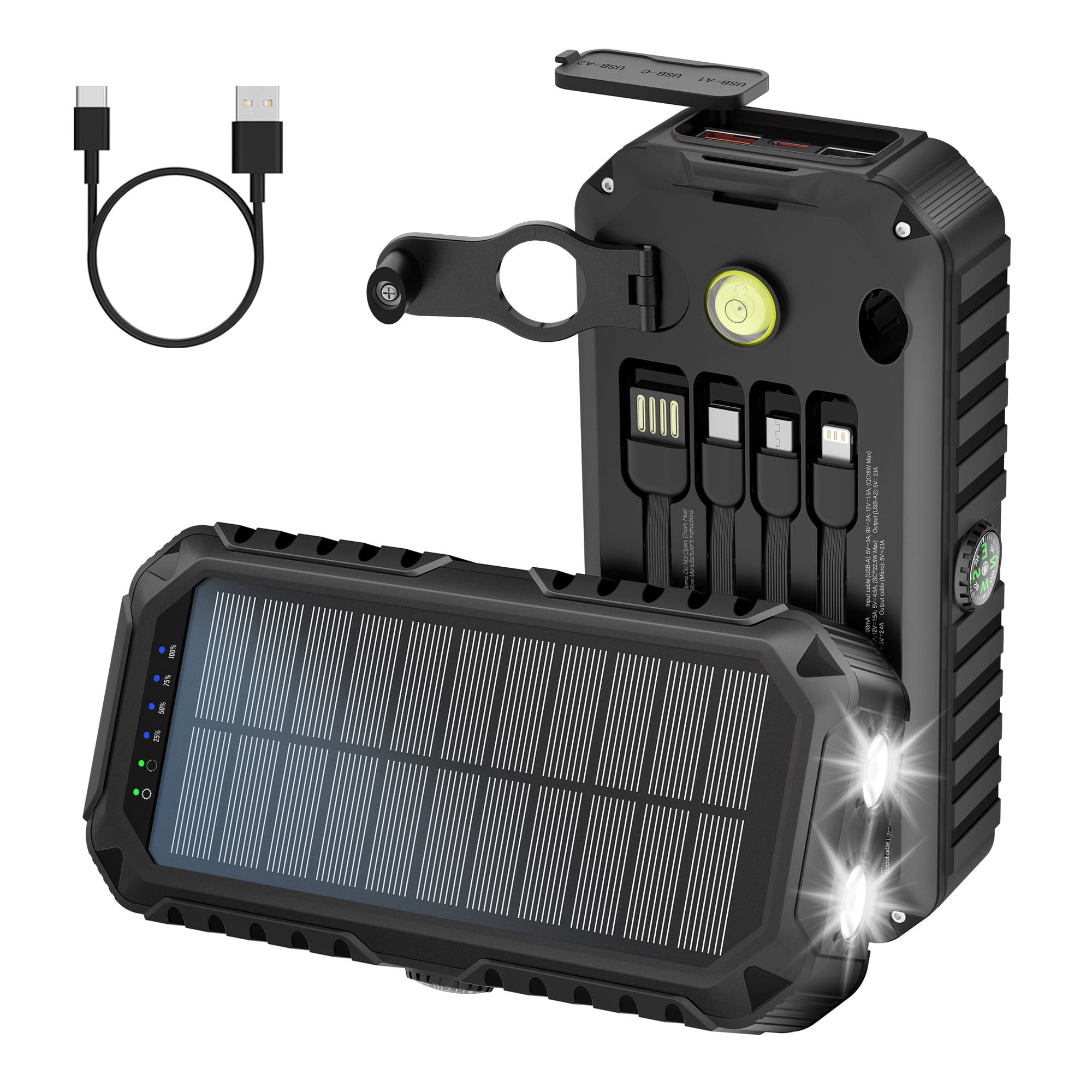 40000mAh Solar Power Bank with Hand Crank & Built-in Cables, LED ...