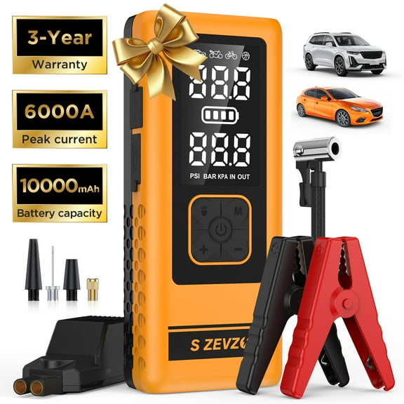 6000A Car Jump Starter with Air Compressor 150PSI(Up to 6L Gas/5L Diesel Engines), 18W QC Power Bank, 12V Car Battery Charger Jumper Starter, LED Screen, 3 Modes Flashlight