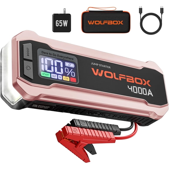 4000A Jump Starter,12V Car Battery Jumper Starter Portable with 65W Quick Charger,LED Display,88.8Wh Booster Jump Box Pack (10L Gas 10L Diesel Engine) with LED Light,Jumper Cables, Rose Gold