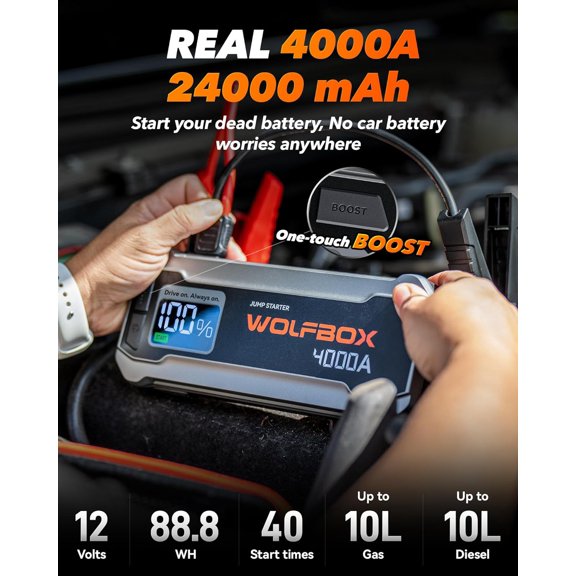 4000A Jump Starter,12V Car Battery Jumper Starter Portable with 65W Quick Charger,LED Display,88.8Wh Booster Jump Box Pack (10L Gas 10L Diesel Engine) with LED Light,Jumper Cables