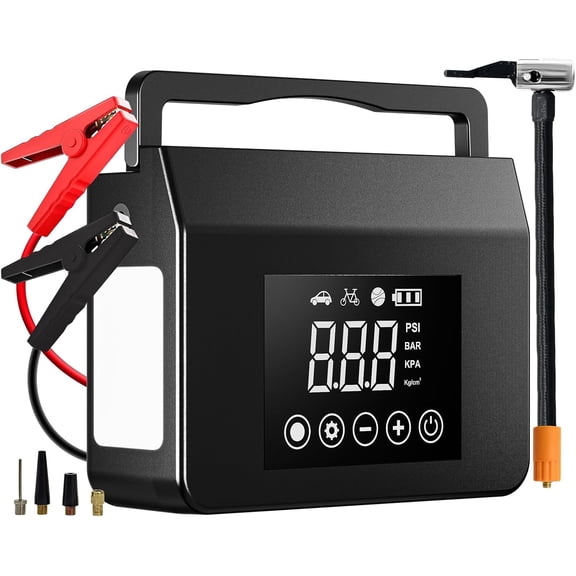 4000A Portable Jump Starter with Air Compressor, 12V Car Battery Charger (All Gas 8L Diesel) with 150PSI Tire Inflator 15000mAh PowerBank & Quick Charge, Flashlight, emergency kit for Car, truck
