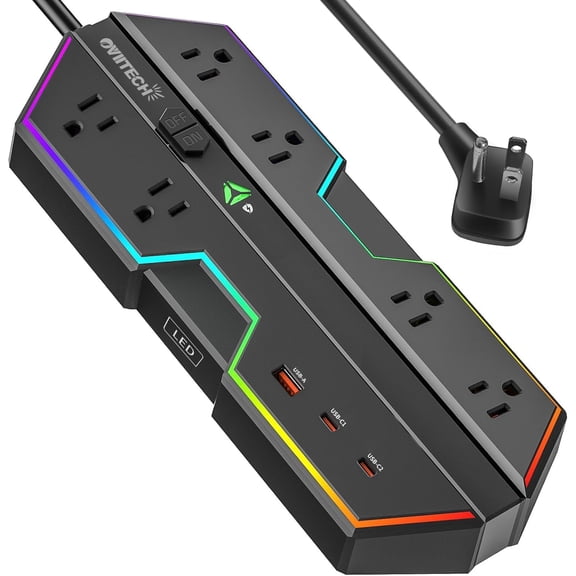 4000J Surge Protector with USB Ports, 6 Outlets with RGB Lights and PD 20W Fast Charging, Full Spectrum Color-Select and Wide Spaced,Compatible with Gaming PC, Black