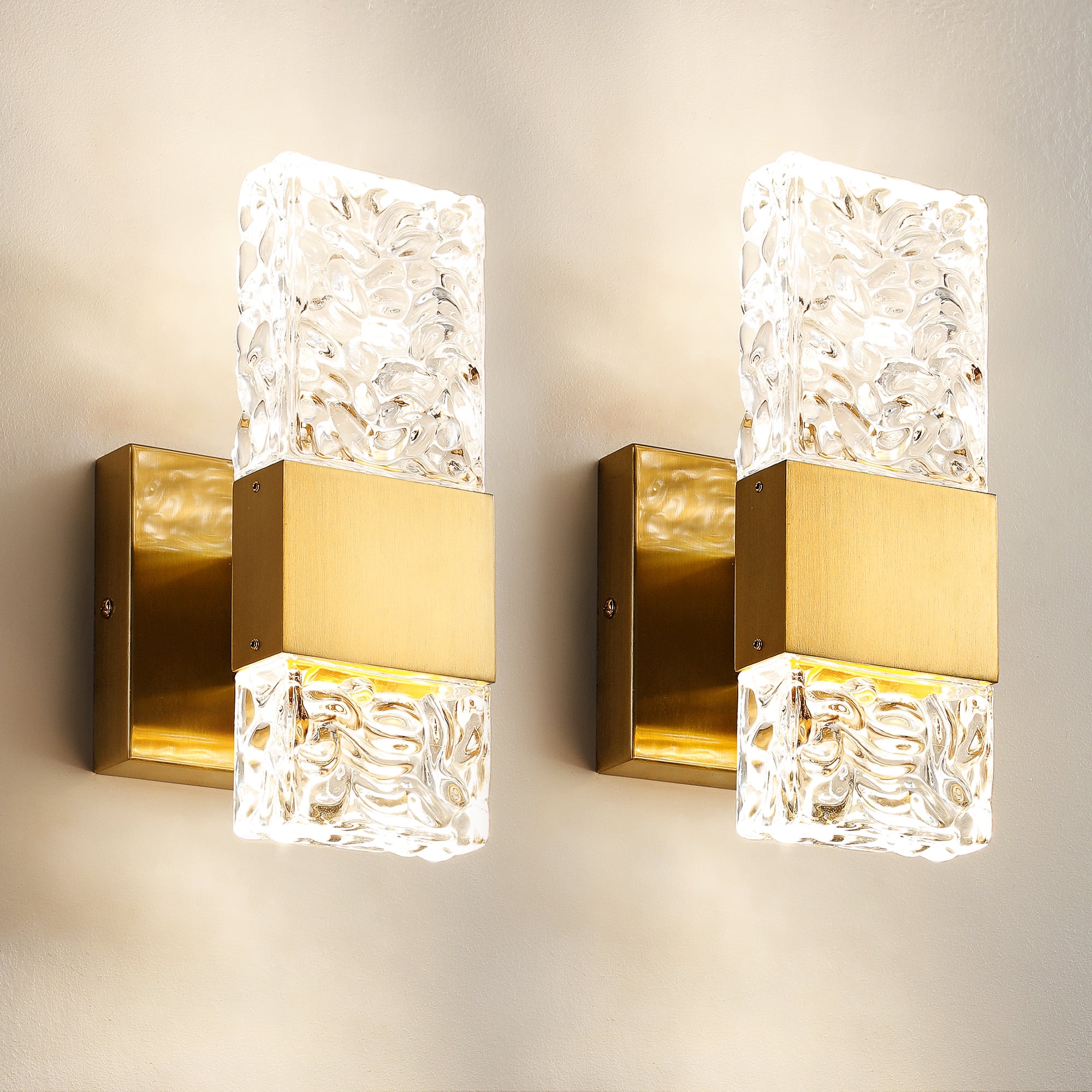 Set Of 2 Modern Gold Crystal Wall Sconces - 4000K Dimmable LED Vanity Lights For Bedroom & Bathroom