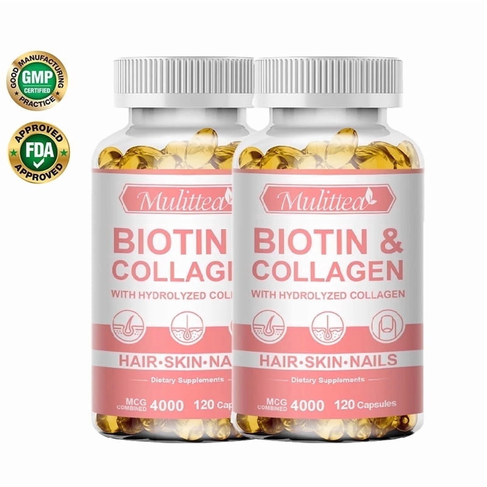 4000MCG Biotin Collagen Capsule - Types I, III, Collagen for Women & Men - Hair Growth Support Supplement - Skin, Nails Beauty Complex - 120 Count（2 Pack）