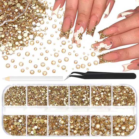 4000Pcs Champagne Gold Flatback Rhinestones for Crafts,6 Sizes Gold Crystal Rhinestone for Nail Gems Jewels Glitter Glass Diamond for Nails Design DIY Face Makeup Tumblers Clothes Stones Decoration