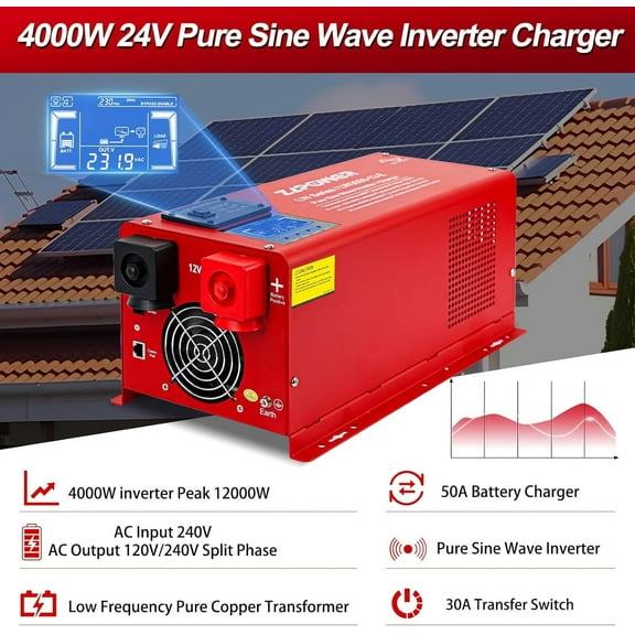 ZLPOWER 4000W 24V Pure Sine Wave Inverter with 12000W Peak, Split Phase AC Output, Battery Charger & LCD Display - UL1741 Certified for Home, RV, Marine Use