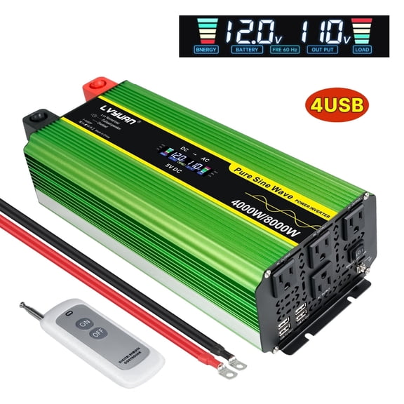4000W 8000W Peak Pure Sine Wave Power Inverter Car Converter DC 12V to AC 110V/120V with 4USB & 4AC Outlets, LCD Display, Remote Control for Car, RV, Camping, Outdoor & Home Backup Green