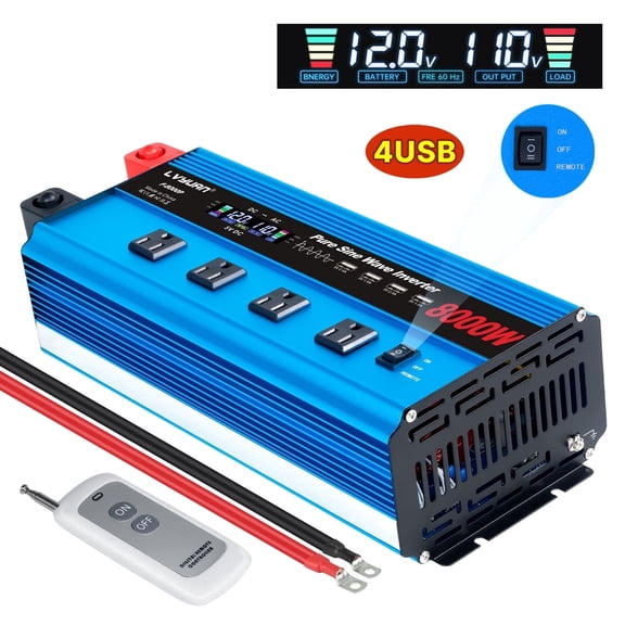 4000W 8000W Peak Pure Sine Wave Power Inverter Car Converter DC 12V to AC 110V/120V with 4USB & 4AC Outlets, LCD Display, Remote Control for Car, RV, Camping, Outdoor & Home Emergency Use Blue
