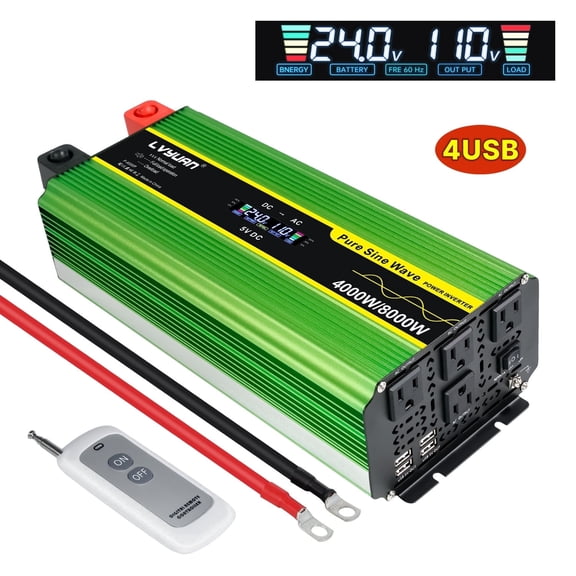 4000W 8000W Peak Pure Sine Wave Power Inverter Car Converter DC 24V to AC 110V/120V with 4USB & 4AC Outlets, LCD Display, Remote Control for Car, RV, Camping, Outdoor & Home Backup Green