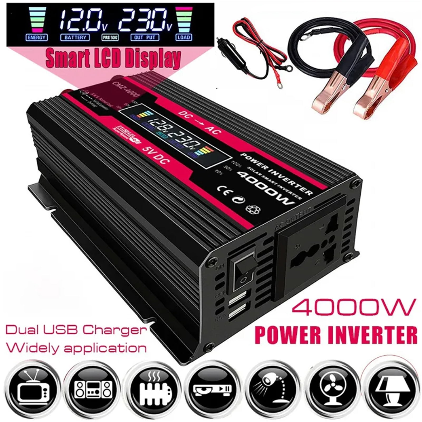 4000W Car Power Inverter 12V DC to 110V AC Power Sine Wave Converter Solar Panel with 2 USB Ports