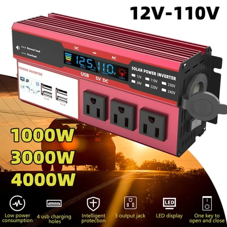4000W Car Power Inverter, Modified Sine Wave Inverter DC 12V to AC 110V 3 AC Converter with LCD Display, 4x2.4 A USB Ports Car Charger, 1 Cigarette Lighter Ports, Red