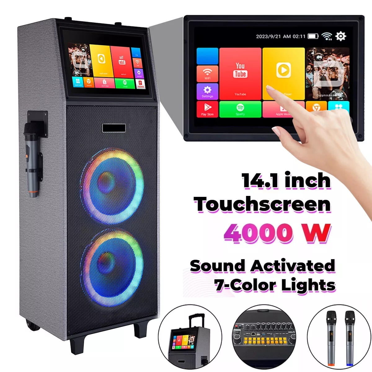 4000W Dual 10" Woofers 14.1'' Touchsreen Karaoke Machine Portable Bluetooth Speaker 2 Wireless Mic