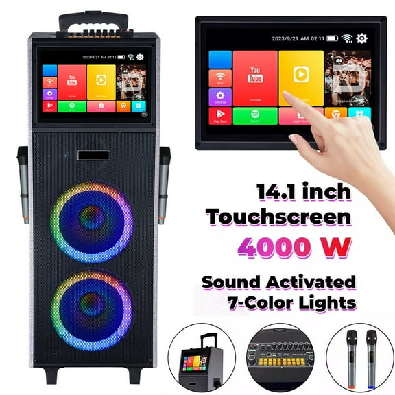 4000W Dual 10" Woofers Rechargeable Karaoke Box Machine Bluetooth Speaker 14.1" Touchscreen Tablet with 2 Wireless Microphone Lyrics Display for Android iOS LED Light
