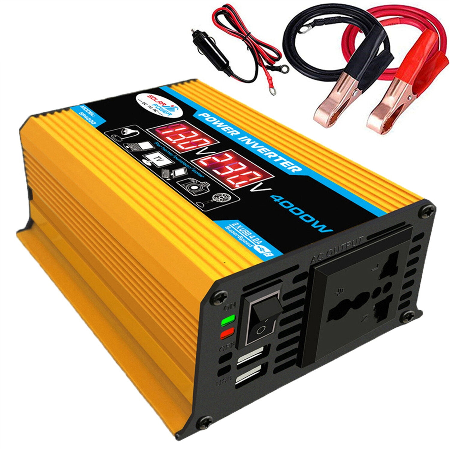 4000W Intelligent Digital Car Inverter 2 USB Output Ports Modified Sine-wave Converter with LED Display