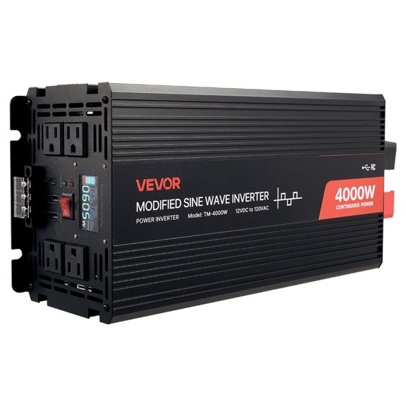 4000W Power Inverter 12V DC to 120V AC Modified Sine Wave with LCD Display Remote Control 2 USB Ports 4 AC Outlets Type-C Port for RV Truck Solar Car Charger