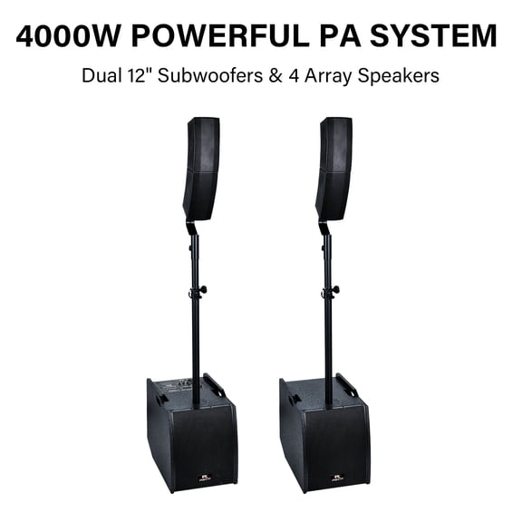 4000W Powered PA Speaker System with Dual 12" Subwoofers, 8x4" Line Array Satellites, Bluetooth/USB/SD, XLR/RCA Inputs, Remote Control