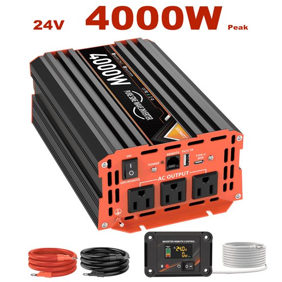4000 Watt Pure Sine Wave Power Inverter 24V DC to 110V 120V Converter for Family RV Off Grid Solar System Car with Type-C Ports 3 AC Power Outlets Dual USB Ports LCD Display and Remote Control
