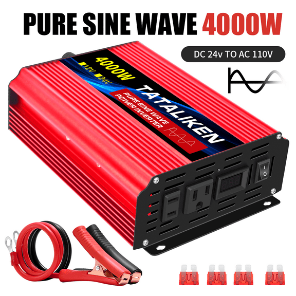 4000W Pure Sine Wave Power Inverter 24V DC to 110V AC, LED Display Red Aluminum for Car/RV/Home