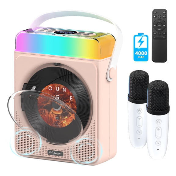 Greadio 4000mAh Portable CD Player & Karaoke Speaker Dual Mics, Voice Changer, RGB Lights & Bluetooth, Supports TF/USB/AUX for Home/Travel