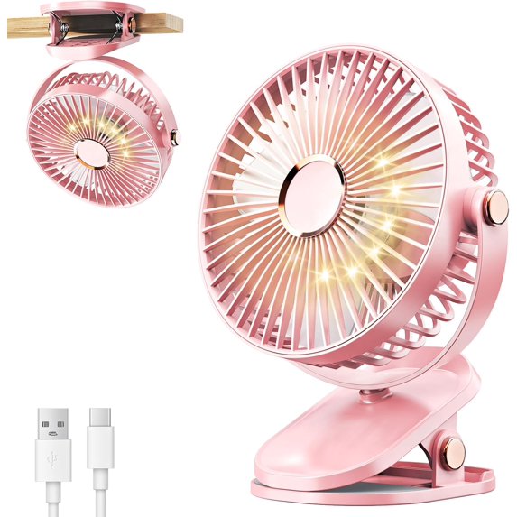 4000mAh Portable Clip on Fan with LED Lights, Battery Operated USB Desk Fan,4 Speed Quiet Rechargeable Mini Table Fan, 360° Rotate Personal Cooling Fan for Home Office Stroller Camping (Pink)