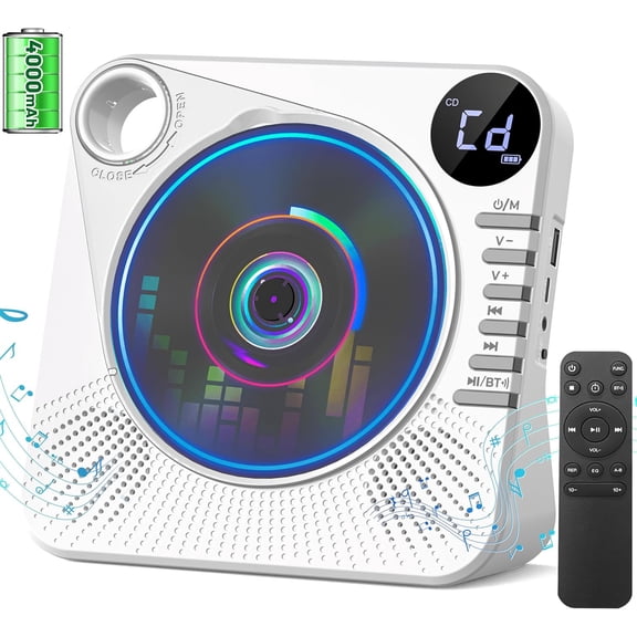 4000mAh Recheageable Portable CD Player with Bluetooth, Desktop CD Players for Home, CD Music Player with Speakers,Remote Control,LCD Display, AUX, USB, Headphone Jack for Party Outdoor